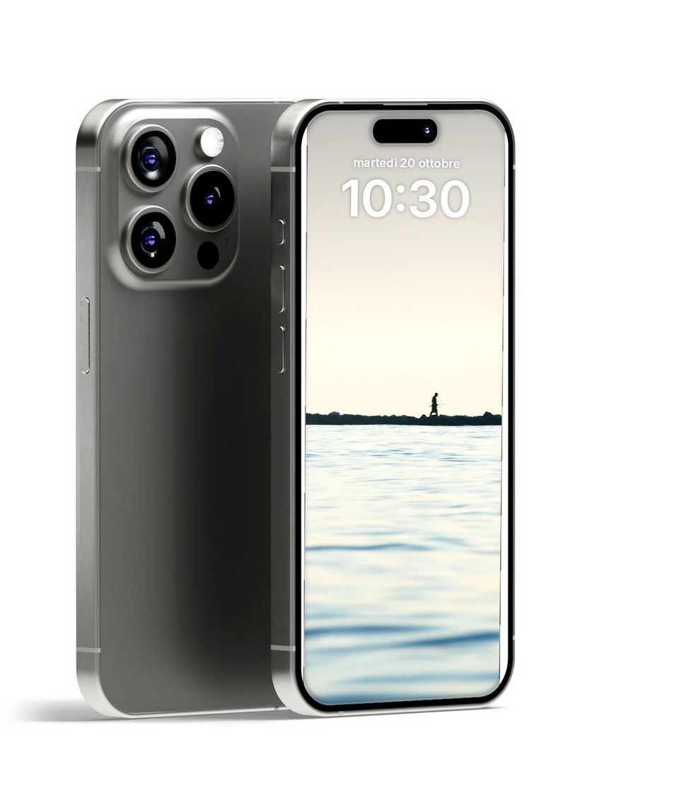 Two repaired iPhones, one seen from the back with its cameras and one from the front with the screen on